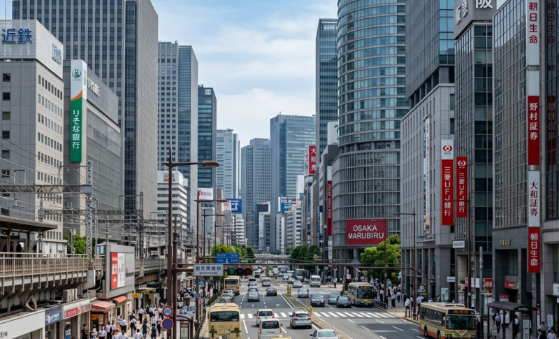 Busy street in a city with cars, buses, yellow taxis, and pedestrians along sidewalks between tall buildings